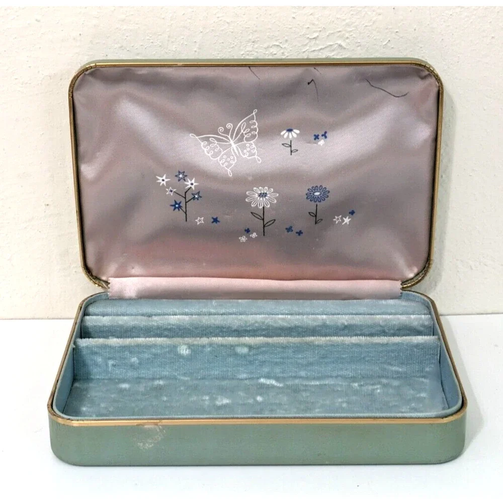 Vintage Farrington Jewelry Box Hinged Genuine Felt Lined Green Floral‎